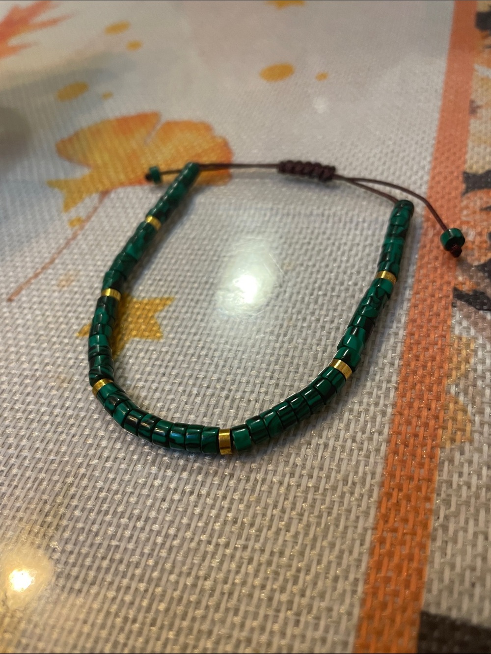 Adjustable Green Malachite Beaded Bracelet with Gold Accents